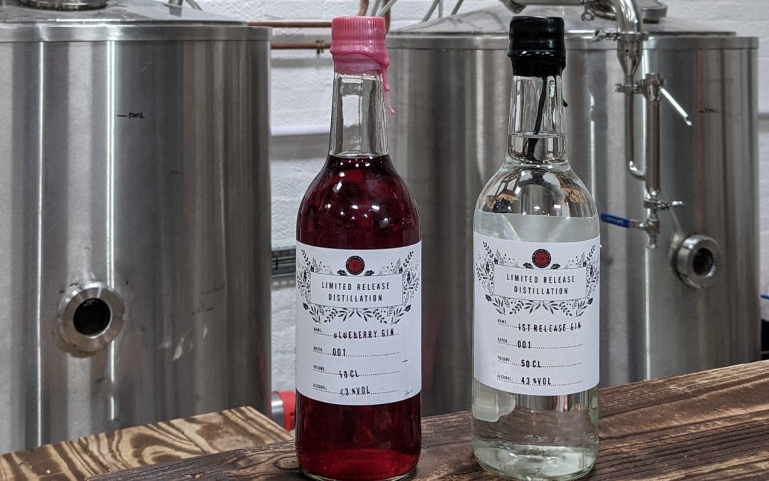 Spirit of Wales Distillery Release Pink blueberry Welsh gin and Dry gin on the bar.