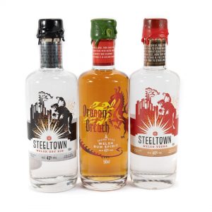 Spirit of Wales Distillery Steeltown and Dragon's Breath Speciality Spirit. Steeltown Welsh Dry Gin, Dragon's Breath Spiced Rum and Steeltown Welsh Vodka.