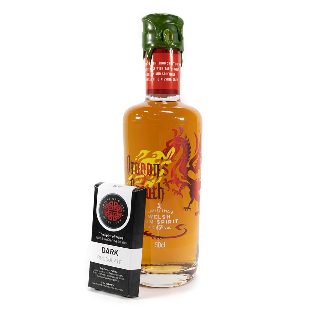 World Chocolate Day Pairing that is dark and spicy - Dragon's Breath Spiced Welsh Rum and the Spirit of Wales Dark Chocolate