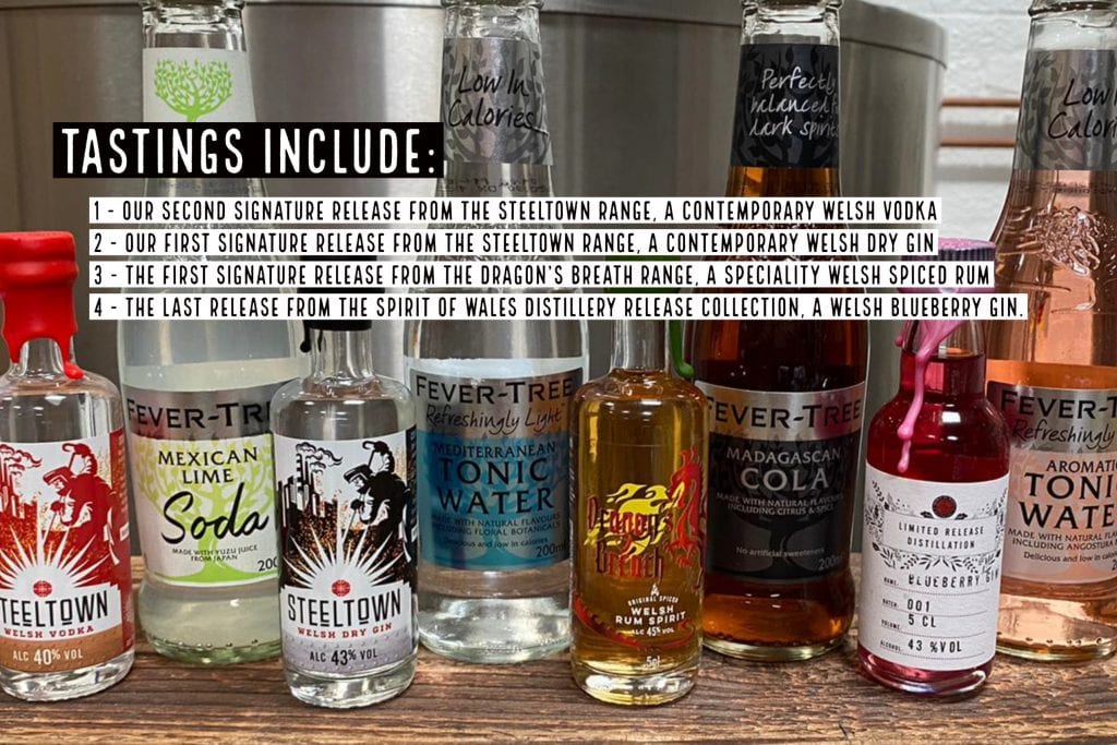 Spirit of Wales Distillery Virtual tasting event on the 18 June 21. Pairings include Steeltown Welsh Dry Gin and vodka, Dragon's Breath spiced rum and our limited release blueberry gin