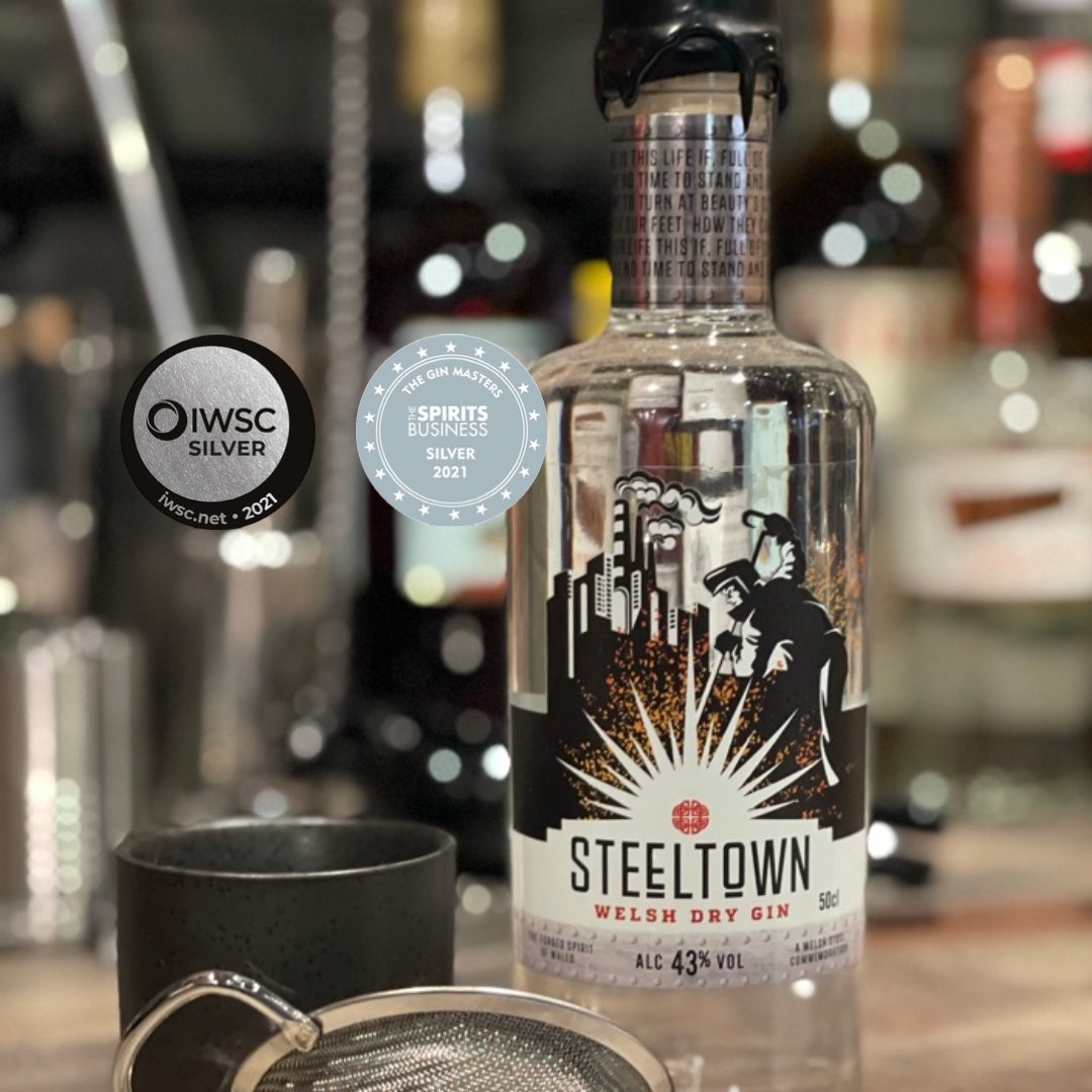 Steeltown Welsh Dry Gin made in Newport at the Spirit of Wales Distillery with two silver awards